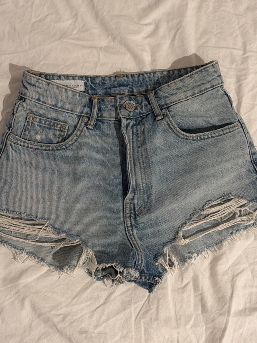 Zara Light Blue Distressed High-Waist Jean Shorts